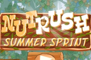 Textul Nut Rush Summer Sprint pe un fundal verde cu motive de pădure