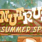 Textul Nut Rush Summer Sprint pe un fundal verde cu motive de pădure