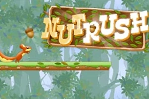 Un animat personaj veveriță fugind pe o platformă, cu un ghindă în față, și un panou cu textul NUT RUSH pe fundal de pădure