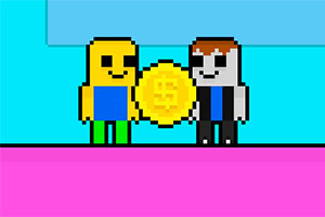 Două personaje pixelate colorate ținând o monedă mare aurie pe un fundal albastru și roz