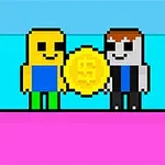 Două personaje pixelate colorate ținând o monedă mare aurie pe un fundal albastru și roz