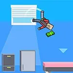 Un personaj animat sare pe fereastră ținând o bancnotă într-o cameră cu un pat și mobilier minimalist