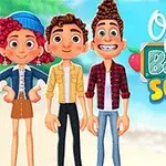 Trei personaje animate cu expresii prietenoase și stiluri vestimentare diverse, pe un fundal de plajă și cu textul Ocean Kids Back to School vizibil