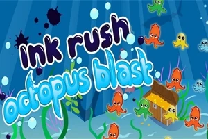 Caracatițe colorate înoată sub apă, alături de textul „Ink Rush Octopus Blast” și o căsuță subacvatică