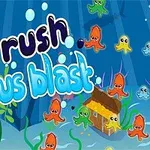 Caracatițe colorate înoată sub apă, alături de textul „Ink Rush Octopus Blast” și o căsuță subacvatică
