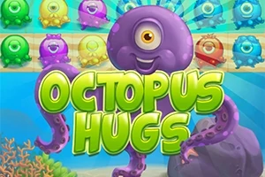 Caracatiță violet cu un singur ochi în mijlocul imaginii, înconjurată de creaturi colorate, având textul Octopus Hugs în față