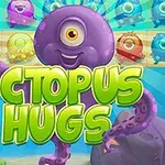 Caracatiță violet cu un singur ochi în mijlocul imaginii, înconjurată de creaturi colorate, având textul Octopus Hugs în față