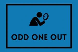 Siluetă de om cu lupă și textul „ODD ONE OUT” pe fundal albastru