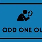 Siluetă de om cu lupă și textul „ODD ONE OUT” pe fundal albastru