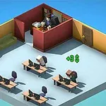 O cameră de birou isometrică cu mai multe birouri, computere și două personaje animate lucrând, alături de un alt personaj într-un birou separat