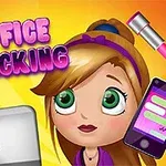 Fată desen animat cu ochi mari și păr șaten, înconjurată de un laptop cu simbolul cireșelor, un telefon și un stilou, pe un fundal galben cu un titlu roz