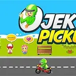 Un motociclist îmbrăcat în verde pe un drum, cu un logo mare în fundal și doi personaje lângă o bancă și copaci