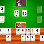 Placă de joc digitală cu jetoane numerotate colorate aranjate pe un suport de lemn și personaje ilustrative în colțuri