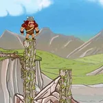 Personaj cu coif de viking stând pe o coloană stâncoasă într-un peisaj montan