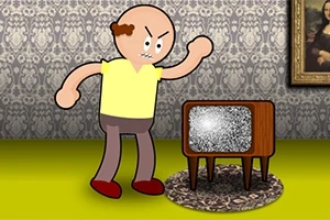Personaj animat furios, stând într-o cameră cu un televizor vechi cu paraziți pe ecran și un tablou pe perete