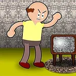 Personaj animat furios, stând într-o cameră cu un televizor vechi cu paraziți pe ecran și un tablou pe perete