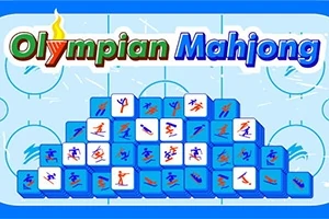 Fundal albastru cu piese de mahjong ilustrând sporturi și titlul Olympian Mahjong în partea de sus