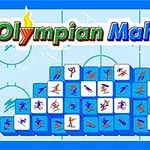 Fundal albastru cu piese de mahjong ilustrând sporturi și titlul Olympian Mahjong în partea de sus