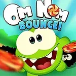 Personaj verde cu ochi mari și o bomboană în fundal, cu textul Om Nom Bounce