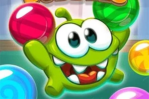 Personaj verde cu ochi mari, zâmbitor, ținând bile colorate într-un decor vesel