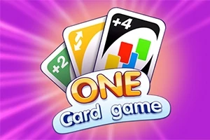 Trei cărți de joc colorate pe un fundal violet, cu textul ONE Card game în partea de jos