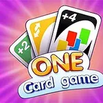 Trei cărți de joc colorate pe un fundal violet, cu textul ONE Card game în partea de jos