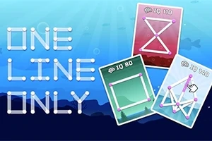 Text albastru „One Line Only” și trei carduri colorate cu forme geometrice și puncte, pe fundal albastru cu efecte de lumini subacvatice