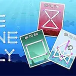Text albastru „One Line Only” și trei carduri colorate cu forme geometrice și puncte, pe fundal albastru cu efecte de lumini subacvatice