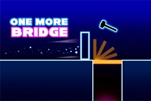 Textul One More Bridge cu un ciocan planând deasupra unui abis între două platforme