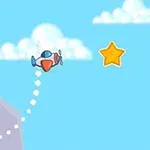 Un avion desenat într-un stil animat zboară către o stea galbenă pe un cer albastru cu nori pufoși și stânci în fundal