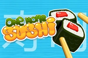 Textul One More Sushi lângă două rulouri de sushi și bețișoare de lemn, pe un fundal albastru