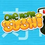 Textul One More Sushi lângă două rulouri de sushi și bețișoare de lemn, pe un fundal albastru