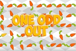 Text galben ONE ODD OUT pe un fundal cu modele de morcovi portocalii și verzi
