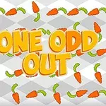 Text galben ONE ODD OUT pe un fundal cu modele de morcovi portocalii și verzi