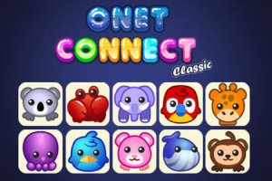 Interfață cu titlul „Onet Connect Classic” și icoane drăguțe de animale, inclusiv un koala, crab, elefant, papagal, girafă, caracatiță, pasăre, șoricel roz, balenă și maimuță