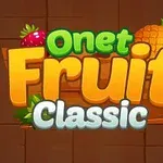 Textul Onet Fruit Classic colorat, înconjurat de ilustrații de fructe, pe un fundal maro