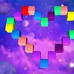 Cuburi colorate aranjate în forma unei inimi pe un fundal stelar violet cu nuanțe de albastru și roz