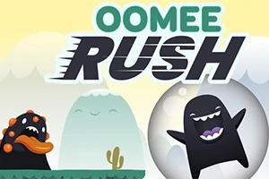 Două creaturi animate, una zâmbitoare într-o sferă și cealaltă neagră cu pete portocalii, pe un fundal cu dealuri și text OOMEE RUSH deasupra