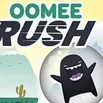 Două creaturi animate, una zâmbitoare într-o sferă și cealaltă neagră cu pete portocalii, pe un fundal cu dealuri și text OOMEE RUSH deasupra