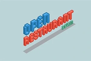 Text 3D colorat cu cuvintele Open Restaurant Bezin pe un fundal albastru deschis