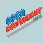 Text 3D colorat cu cuvintele Open Restaurant Bezin pe un fundal albastru deschis