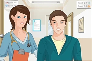 O asistentă medicală și un tânăr stau într-un coridor de spital, unde sunt semnalizate camerele pacienților
