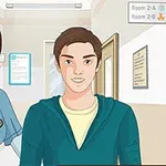 O asistentă medicală și un tânăr stau într-un coridor de spital, unde sunt semnalizate camerele pacienților