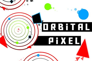 Cercuri concentrice colorate și forme geometrice variate alături de text stilizat Orbital Pixel