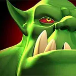 Un personaj de tip orc, cu piele verde și colți mari, având ochi roșii, pe un fundal roșu