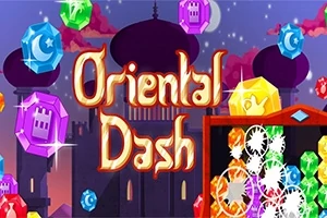 Cristale colorate și inscripția Oriental Dash pe un fundal cu o clădire cu elemente orientale