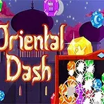 Cristale colorate și inscripția Oriental Dash pe un fundal cu o clădire cu elemente orientale