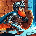 Cavaler cu barbă portocalie și armură, ținând un scut și o sabie, aleargă spre o ușă albastră luminoasă într-un castel de piatră