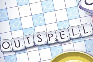 Cuvintele „OUTSPELL” sunt aranjate pe un fundal de joc de cuvinte încrucișate, cu pătrate marcate „x2” în albastru