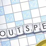 Cuvintele „OUTSPELL” sunt aranjate pe un fundal de joc de cuvinte încrucișate, cu pătrate marcate „x2” în albastru